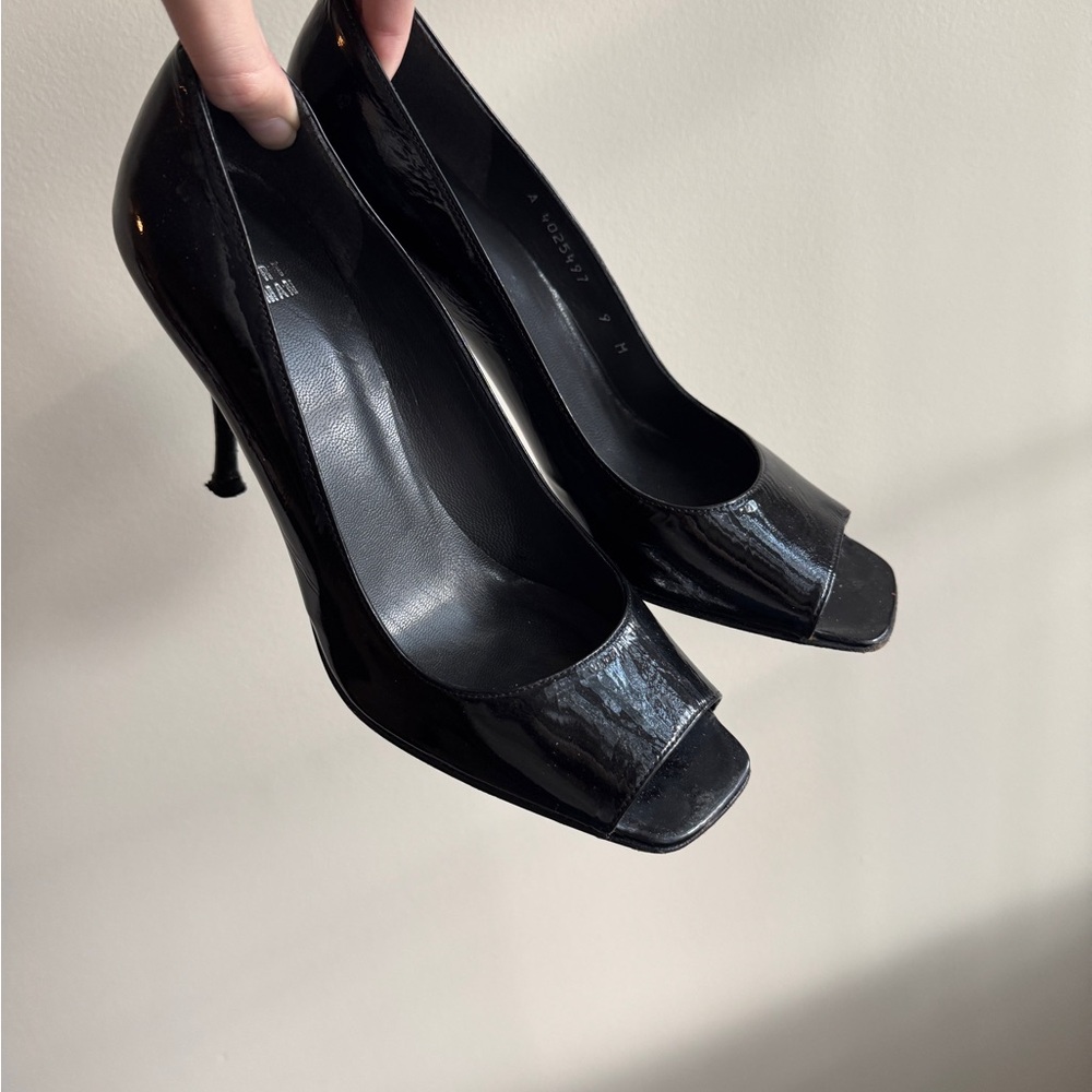 Stuart Weitzman Glossy Black Peep-Toe Heels